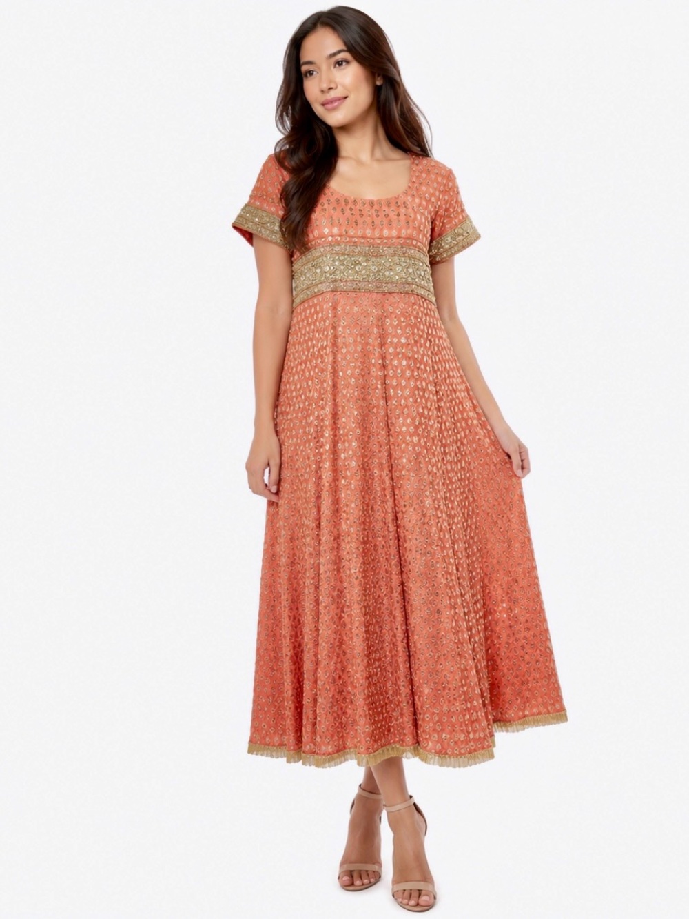 Vintage Indian Zari Kurti Tunic Sequin Embroidered Whimsigoth Boho Peach M